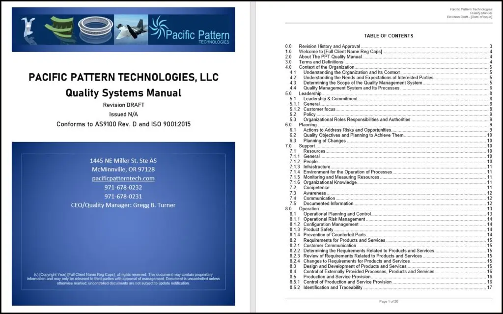 A picture of the inside and outside pages of the system manual.